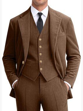 Vintage Corduroy Suit 3-Piece Slim Fit Blazer Vest Pants Wedding Business